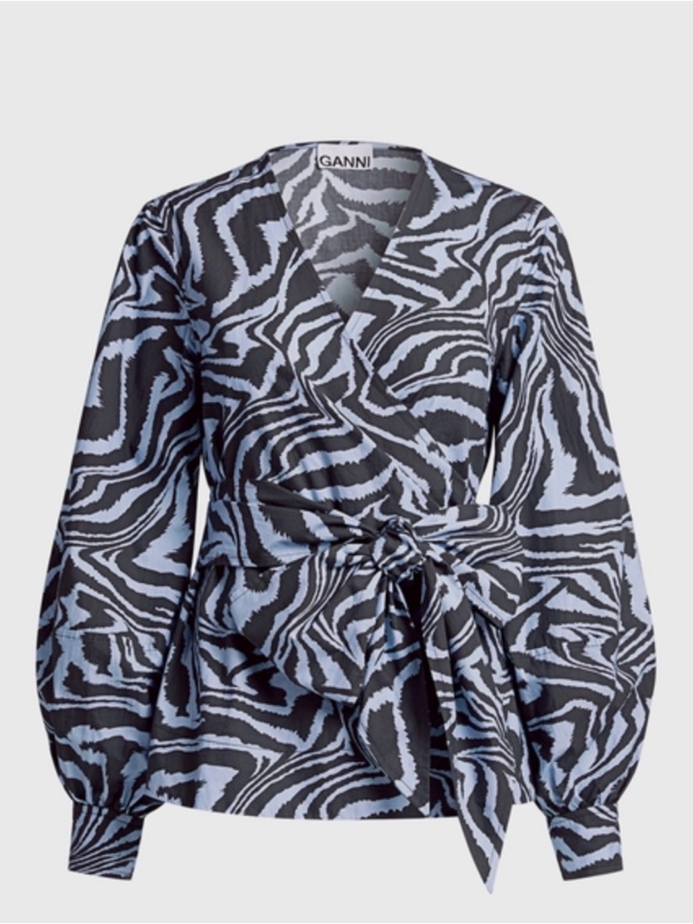 Ganni Black and Light Blue-Print Wrap Blouse Size 36